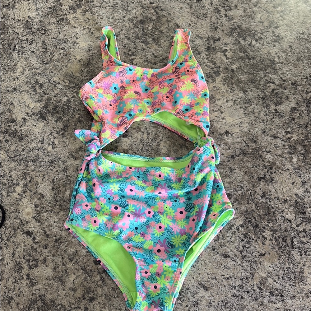 Pink and Green One Piece Swimsuit with Cut-Out Design
